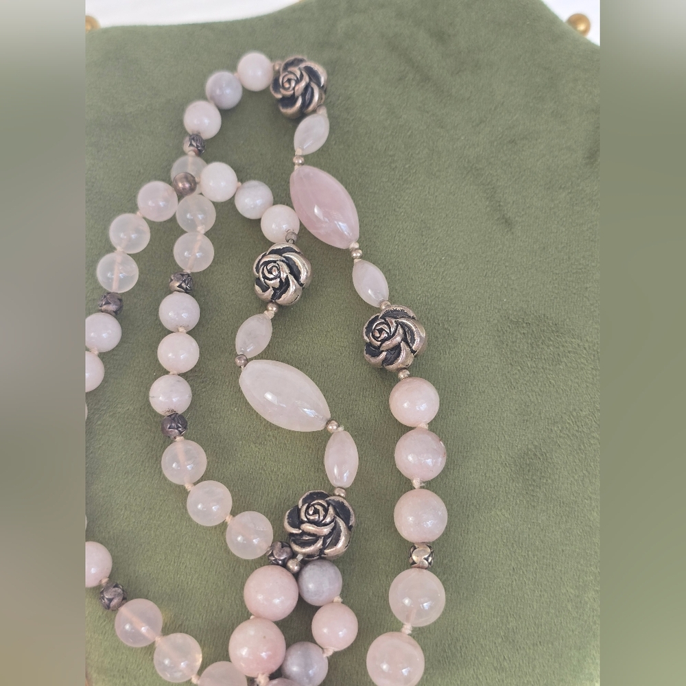 Rose Quartz and Silver Tone Rose Long Layering Necklace Vintage